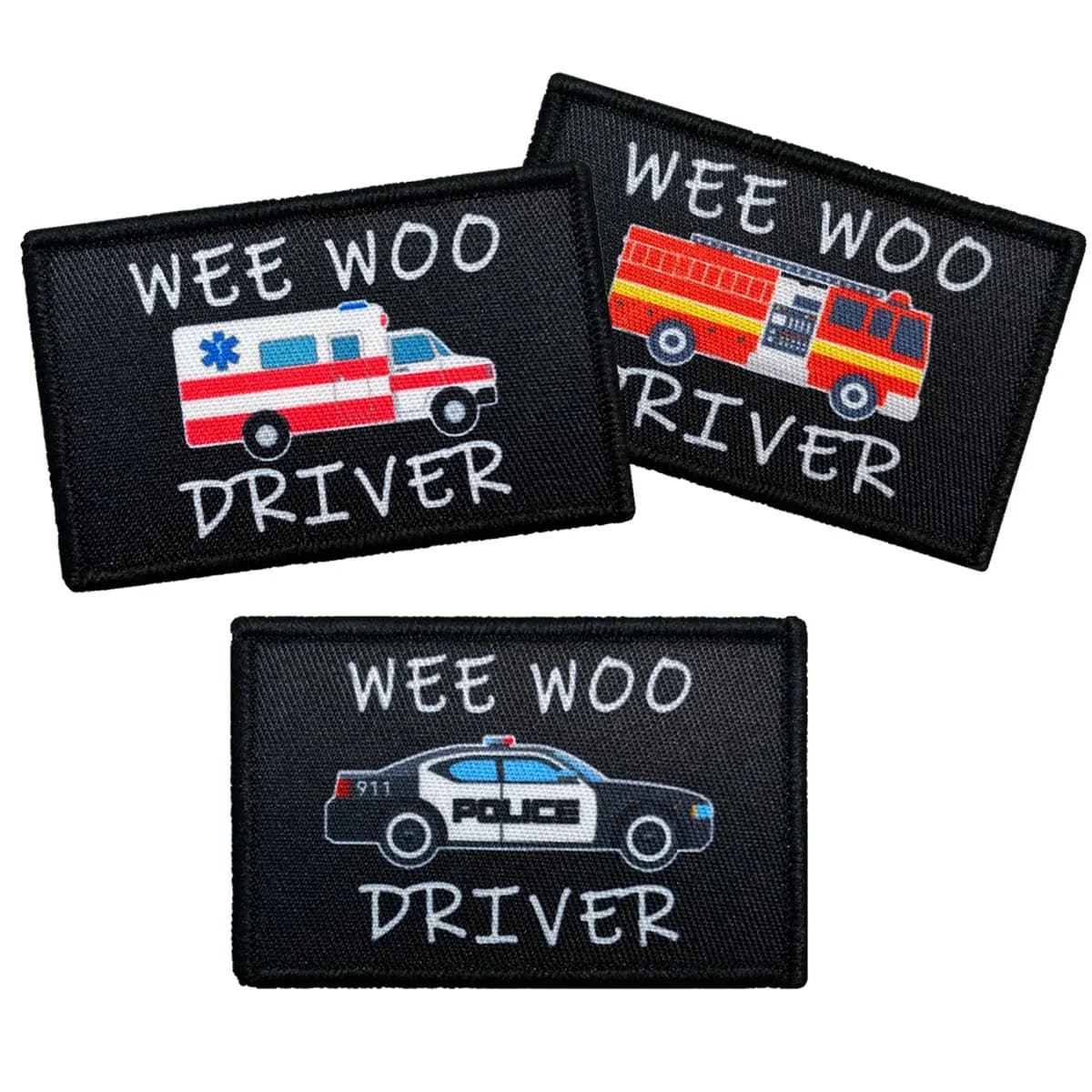 Wee Woo Driver Patch - Police Car, Ambulance EMT, or Fire Engine Driver - Funny 2"x3" Removable Patch with Hook and Loop Backing