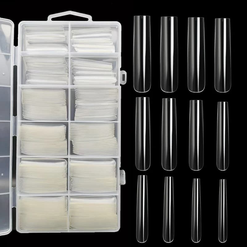 Extra Long Square Full Cover Nail Tips 240Pcs Clear Full Cover Fake Nails False Nails 12 Sizes Square Press on Fake Nail Tips