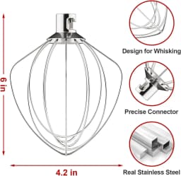 Replacement part K45WW Stainless Steel 6-Wire Whisk Attachment for KitchenAid 4.5-5-Quart Bowl Stand Mixer, Whisk