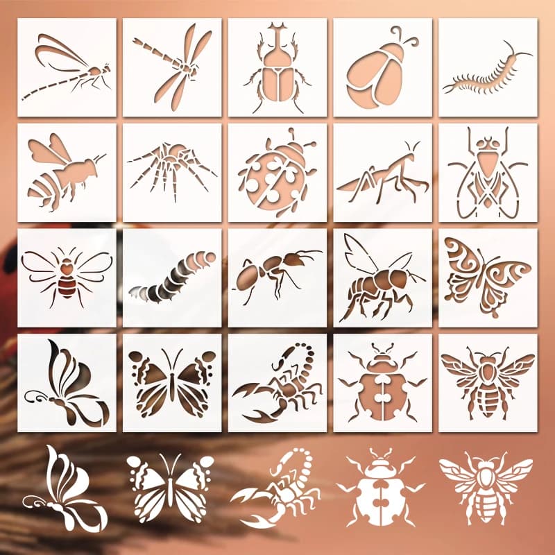 YOMDID 20pcs Insect Series Painting Hollow Out Stencils Reusable DIY Dragonfly, Bee, and other Insect Pattern Graffiti Templates