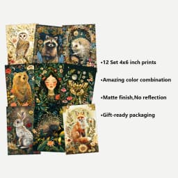 12pcs Enchanted Midnight Woodland Animals Postcards,Floral & Fauna Greeting Cards without Envelopes,Wall Art Prints Home Decor