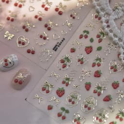 Lovely Red Fruit Strawberry Cherry Bowknot Love Heart Star Silk Ribbon 5D Nail Art Stickers Chic Self Adhesive Manicure Decal