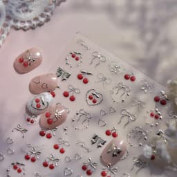 Lovely Red Fruit Strawberry Cherry Bowknot Love Heart Star Silk Ribbon 5D Nail Art Stickers Chic Self Adhesive Manicure Decal