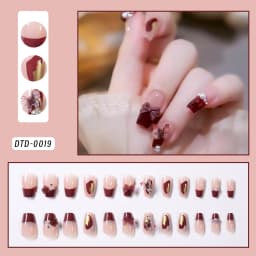 24Pcs Pink Leopard Print Short Square Press on Nails French Bow Wearable False Nails Full Cover Removable Manicure Diy Nail Tips