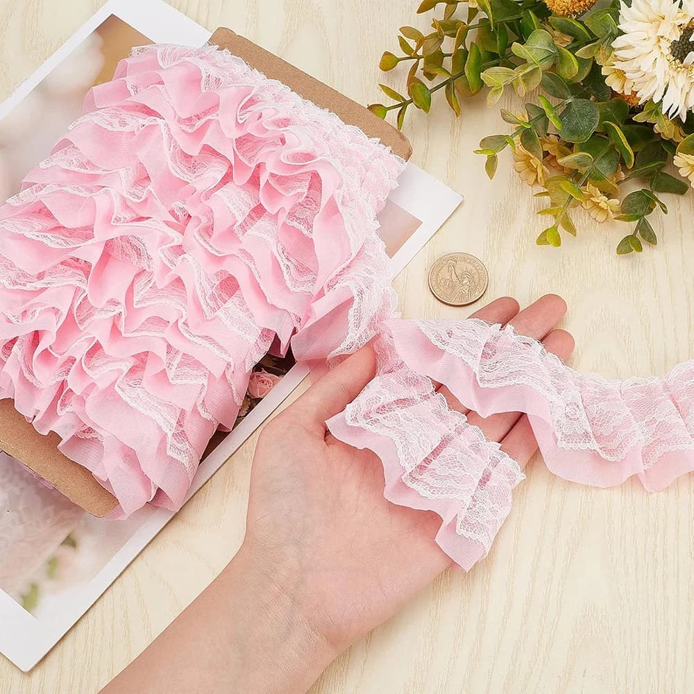 2 Yards Lace Fabric Black White Pink Fold Wave Embroidery Trim DIY Wedding Dress Party Decoration Sew On Applique Crafts