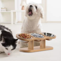 Raised Cat Feeder 3 Bowls in 1 Feeding & Watering Supplies 15° Raised Puppy 3 Stainless Steel Bowls Wood Stand Cats Accessories