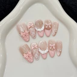 10pcs Handmade Press on Nails French Cat Eye Pink Bow Decor Korean False Nails Wearable Full Cover Ins Almond False Nail Tips