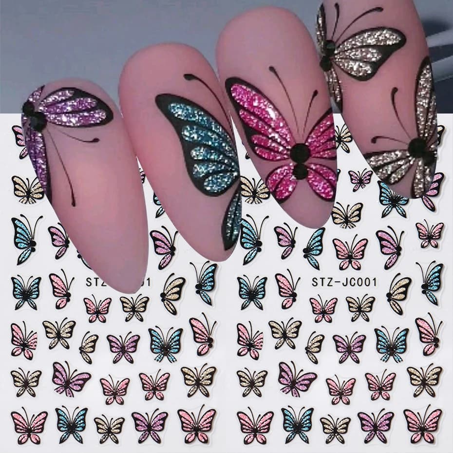 Glitter Butterfly Nail Stickers Decals Charm 3D Shiny Blue Pink Design Self Adhesive Sliders Nail Art Foils Manicure Decorations