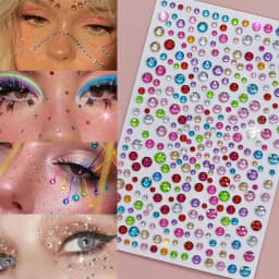 1Sheet Pink Faux Gemstone Facial Sticker Star & Flower Shaped for Makeup and Decoration Y2K Party Music Festival Gift For Girls*