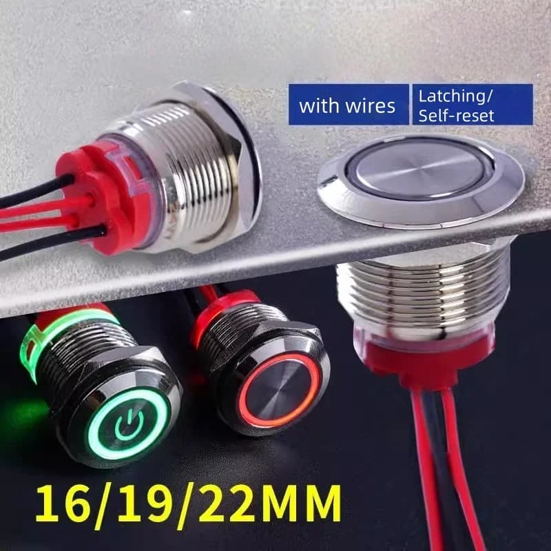 Push Button /Switch 16/19/22mm Short Silver Metal 6/12/24/220V Self-Locking Reset Latching with Light with Wire 15cm Car On/Off