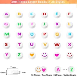800 Pieces Letter Beads for Making, 28 Patterns and 8 Colors of Alphabet Beads, Colorful Face Beads and Heart Bea