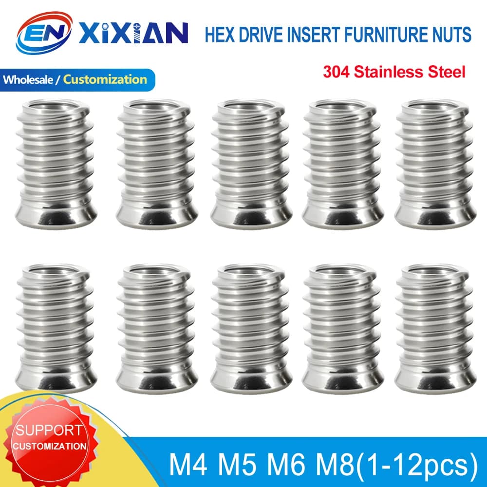 304 Stainless Steel Hex Drive Insert Nuts Woodworking Wood Insertnut Furniture Nut Table Desk Chair Bed Nutsert M4 M5 M6 M8