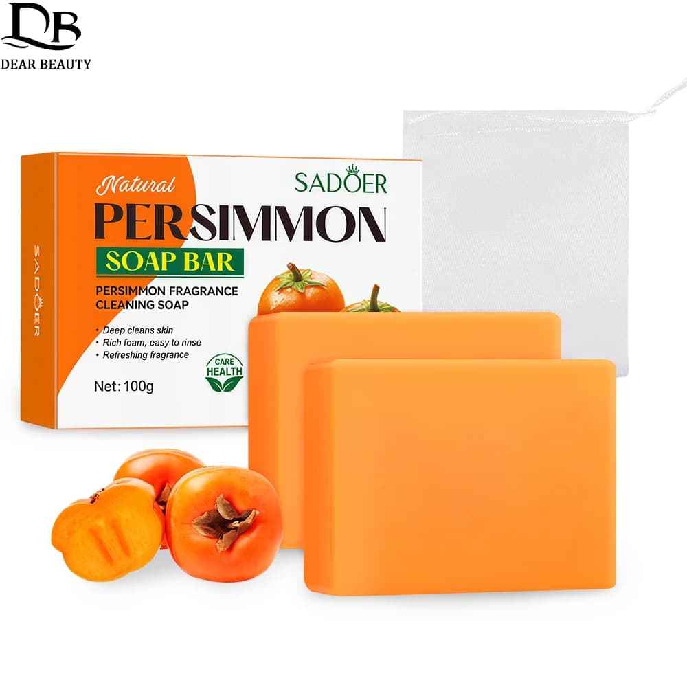 1/2PCS Persimmon Cleansing Soap Bar With Foaming Net Body Care Face Wash Exfoliating Whitening Soap Fruit Handmade Shower Soap