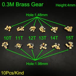 10Pc/Lot 10T 11T 12T 13T 14T 15T 0.3M Brass Gear Spur Pinion Mechanical Bore Hole Aperture 2mm 1.98mm 2A 1.5mm 1.48mm 1.5A H 4mm
