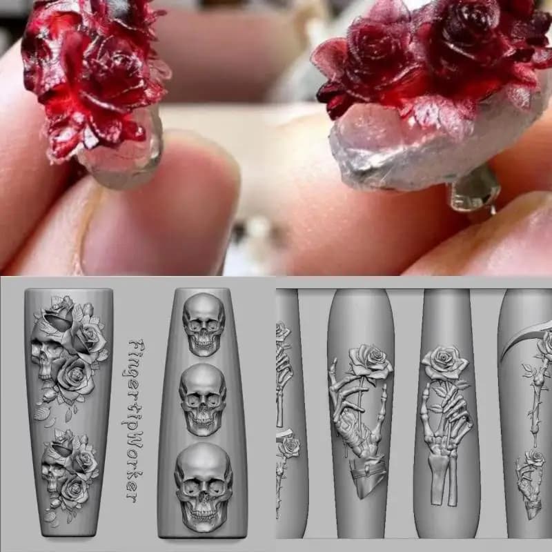 Rose Flower Skull Silicone Nail Art Molds DIY Skeleton Hand Design Transparent Carving Mold Nail Art Decorations