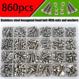 860pcs Stainless Steel Hex Head Bolt Assortment Kit w/Nuts+Washers+Springs - M3-M6 DIN933 Grade 8.8/10.9, A2/A4 Marine Grade