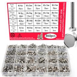 860pcs Stainless Steel Hex Head Bolt Assortment Kit w/Nuts+Washers+Springs - M3-M6 DIN933 Grade 8.8/10.9, A2/A4 Marine Grade
