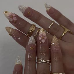Y2K 10PCS Hand Made Press On Nail-Short Almond Glue On Nails-Tropical Flowers Starfish And Golden Pearls Press One As Gifts