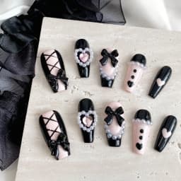 10pcs Pure Handmade Coffin Shaped Nail Art, Beautiful Fake Nails, Sweet and Cool Black Powder Bow, Suitable for Women to Use