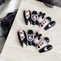 10pcs Pure Handmade Coffin Shaped Nail Art, Beautiful Fake Nails, Sweet and Cool Black Powder Bow, Suitable for Women to Use