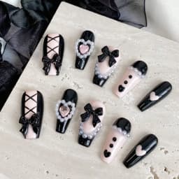 10pcs Pure Handmade Coffin Shaped Nail Art, Beautiful Fake Nails, Sweet and Cool Black Powder Bow, Suitable for Women to Use