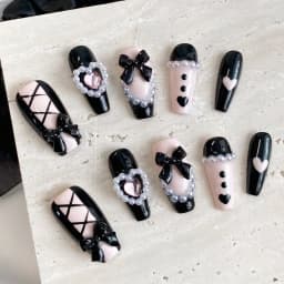 10pcs Pure Handmade Coffin Shaped Nail Art, Beautiful Fake Nails, Sweet and Cool Black Powder Bow, Suitable for Women to Use