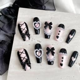 10pcs Pure Handmade Coffin Shaped Nail Art, Beautiful Fake Nails, Sweet and Cool Black Powder Bow, Suitable for Women to Use