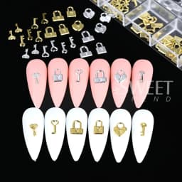 12 Grids Gold Silver Metal Lock Key Nail Decoration Parts Love Heart Charms Jewelry DIY Valentine's Manicure Accessories Flakes