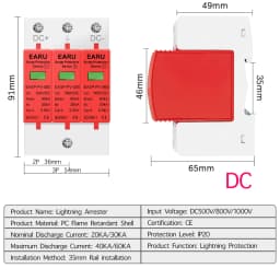 SPD 2P 3P DC 500V 800V 1000V 20KA~40KA 30KA~60KA House Lightning Surge Protector Protective Low-voltage Arrester Device PV Solar