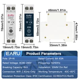 EARU Tuya MCB WiFi Smart Circuit Breaker 6-63A Time Relay Energy KWh Voltage Current Meter Protector Voice Remote Control Switch