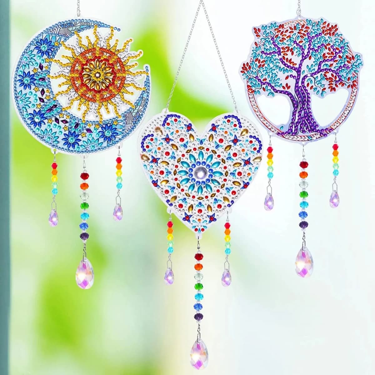 1 Acrylic Double-sided Super Flash Crystal Diamond Painting Captures Scenery Sun Moon Heart Tree Pattern DIY Wind Chimes