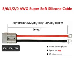 50A 120A 175A High Current 2 Pin Power Connector With 8/6/4/2/0 AWG Super Soft Silicone Cable Forklift Battery Charging Plug