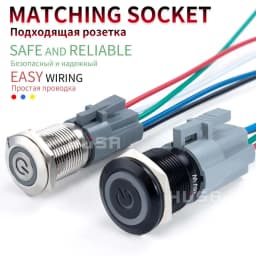 12 16 19 22mm With Wire Waterproof Metal Push Button Switch LED Ring/Power Light Momentary Latching 5/12/24/220V silver1NO1NC