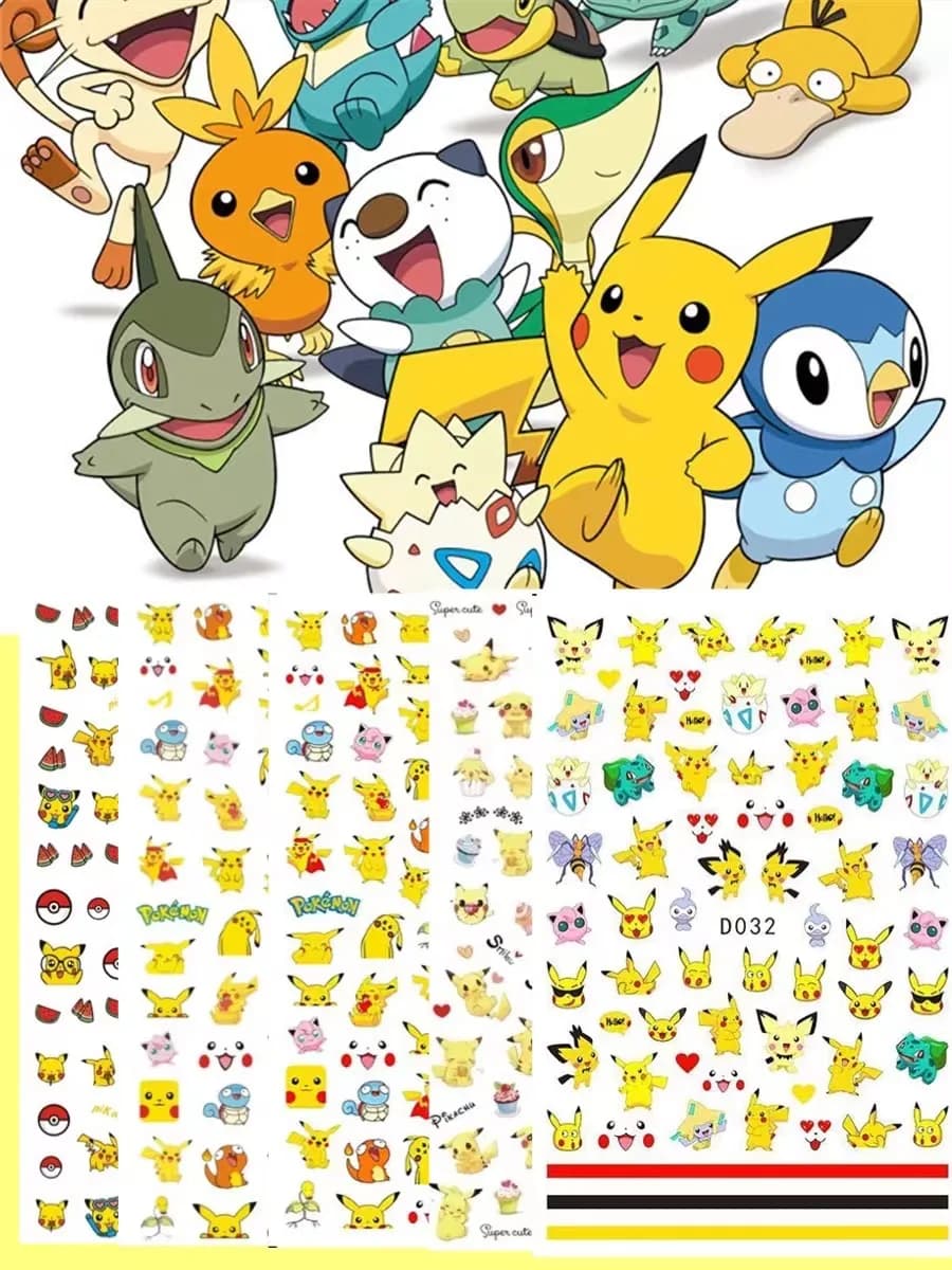 1PCS Cartoon Kawaii Pokémon Nail Stickers 3D Sanrio Hello Kitty Stickers For Nails Nails Accesories Anime Kuromi Nail Supplies
