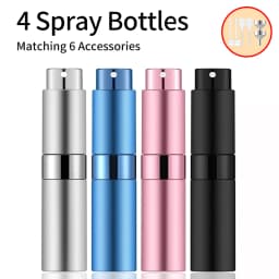 4PCS+6 Accessories Perfume Atomizer Refillable with 5 Spray Bottles, 2 Aluminum Funnel, 2 Dispensing Shenanigans, 2 Spring Straw