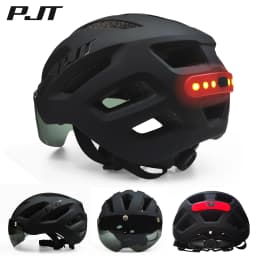 PJT New USB Rechargeable LED Taillight Bike Helmet Sun Visor Goggle Men Bicycle Helmet Sunglasses Riding Road MTB Cycling Helmet