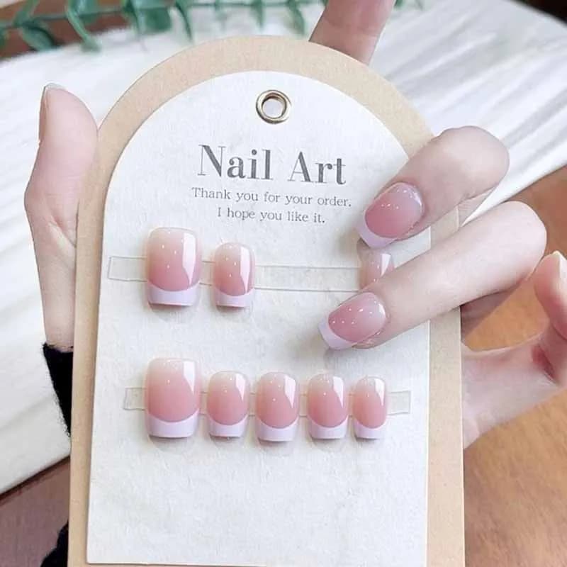 10pcs French White Fake Nails Light Pink Press on NailsFull Cover Short Square Ins Simple False Nails for Women and Girls Wear