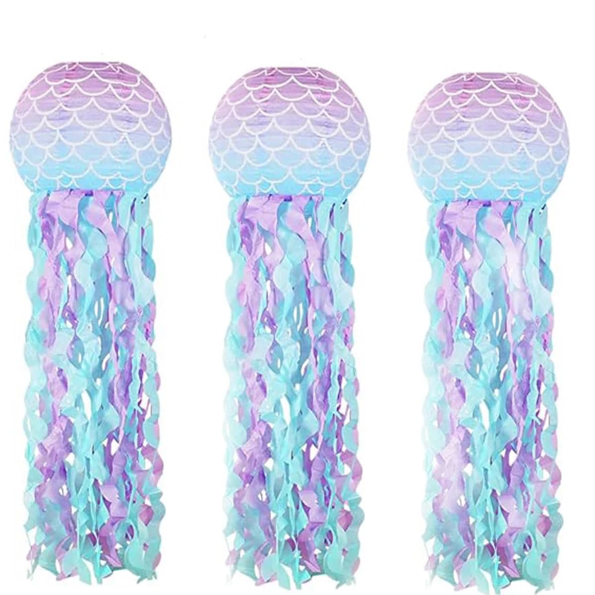 3PCS Mermaid 8INCH/10Inch Paper Lanterns Set Jellyfish Scales Design under the Sea Theme Party Decorations
