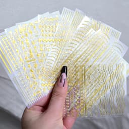 12Sheets Gold Metal Stripe Wave Nail Decals 3D Bronzing French Line/C Curve Stripe Nail Stickers 8*10cm Gold Line Nail Art Suppl