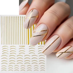 12Sheets Gold Metal Stripe Wave Nail Decals 3D Bronzing French Line/C Curve Stripe Nail Stickers 8*10cm Gold Line Nail Art Suppl