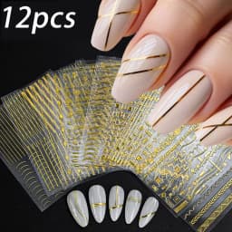 12Sheets Gold Metal Stripe Wave Nail Decals 3D Bronzing French Line/C Curve Stripe Nail Stickers 8*10cm Gold Line Nail Art Suppl