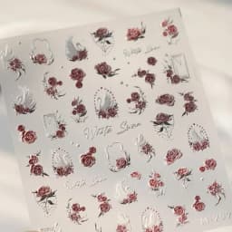 Camellia Flower Blooming Petal Floral Blue Leaves Chinese Characters Poetry Golden 5D Nail Art Sticker Adhesive Manicure Decal