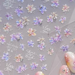 Camellia Flower Blooming Petal Floral Blue Leaves Chinese Characters Poetry Golden 5D Nail Art Sticker Adhesive Manicure Decal