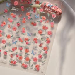 Camellia Flower Blooming Petal Floral Blue Leaves Chinese Characters Poetry Golden 5D Nail Art Sticker Adhesive Manicure Decal