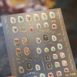 Camellia Flower Blooming Petal Floral Blue Leaves Chinese Characters Poetry Golden 5D Nail Art Sticker Adhesive Manicure Decal