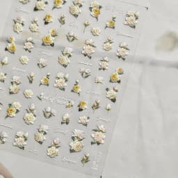 Camellia Flower Blooming Petal Floral Blue Leaves Chinese Characters Poetry Golden 5D Nail Art Sticker Adhesive Manicure Decal