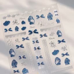 Camellia Flower Blooming Petal Floral Blue Leaves Chinese Characters Poetry Golden 5D Nail Art Sticker Adhesive Manicure Decal