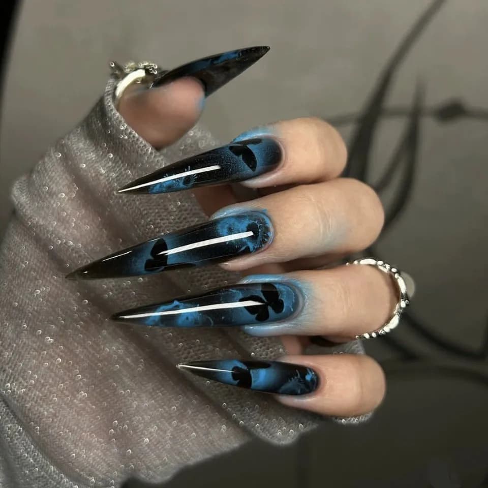 24PCS Dark Blue Butterfly Y2k False Nails Spicy Girls Gradient French Pointed Fake Nails Press On Long Stiletto Artificial Nails