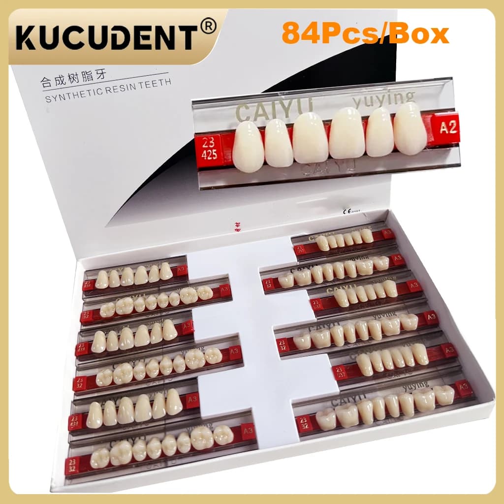 84 Pcs/Set Dental Acrylic Resin Teeth - Full Upper & Lower Denture Set A1/A2/A3 Shades for Dentists Lab | S/M/L Sizes