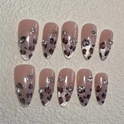 10pcs High-end Leopard print and cat eyes flashing handmade fake nails, Leopard print Hottie medium long nail decoration patch